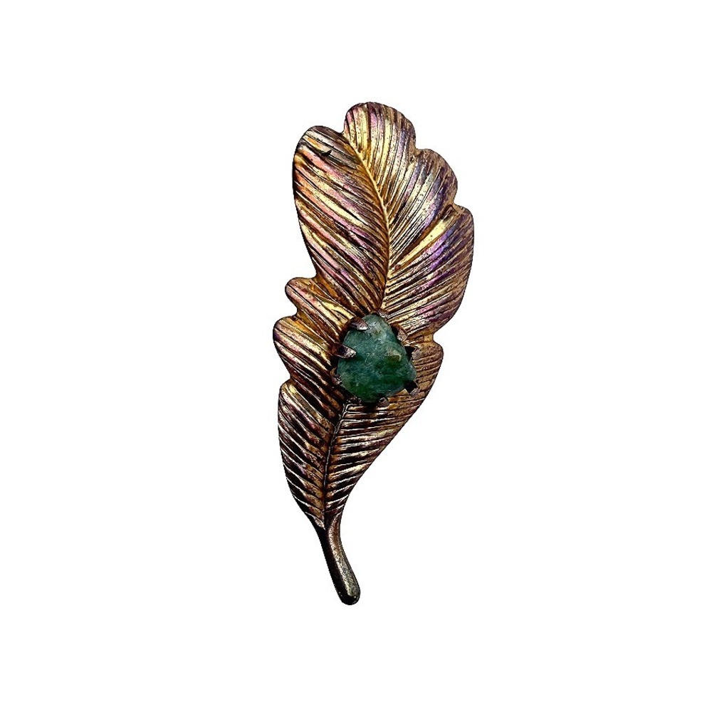 Feather Shaped Brooch Pin Gold Tone Crystal‎ Like Green Stone VTG Jewelry